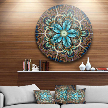 Large Brown Blue Fractal Flower - Floral Large Metal Circle Wall Art